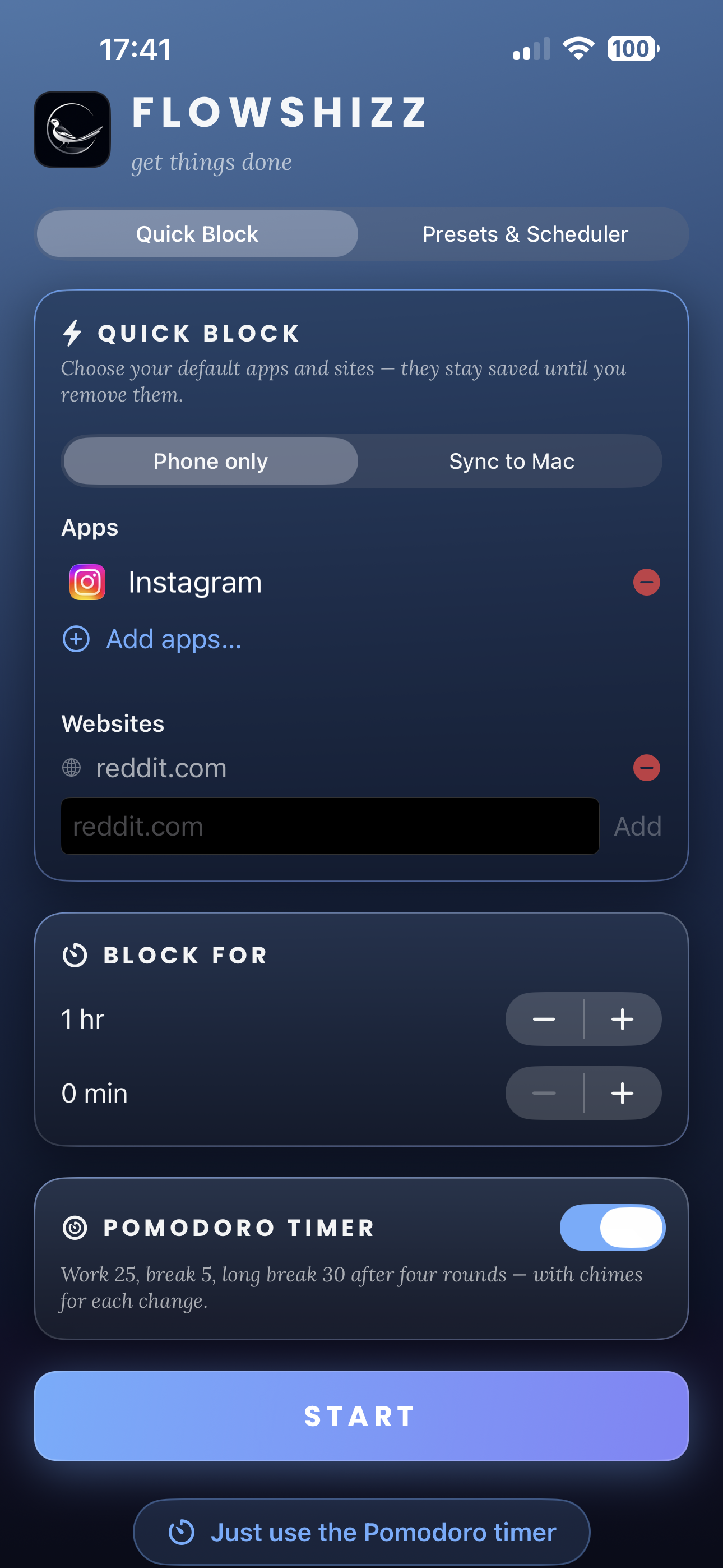 FlowShizz Quick Block screen on iPad